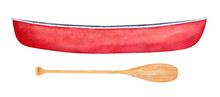Red Canoe And Light Brown Paddle Watercolor Illustration Set. Sport Leisure, Active Vacations, Summer Relax Equipment. Closeup. Handdrawn Watercolour Painting, Cut Out Clipart Elements For Design.