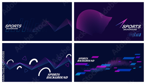 Set of four dark abstract sports backgrounds in blue and purple colors