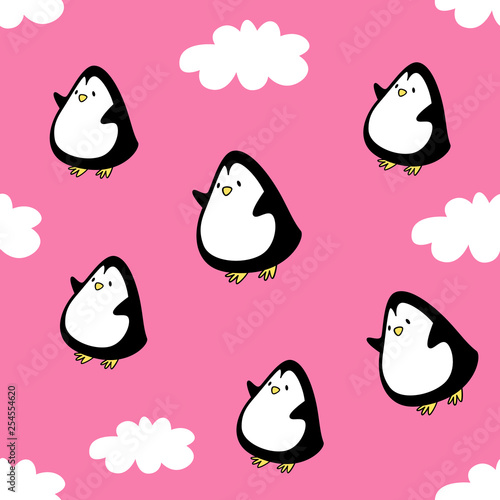 Vector seamless pattern. Penguin in clouds. Cartoon style Canvas Print