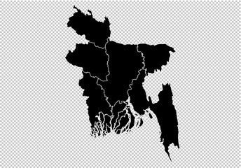 Wall Mural - bangladesh map - High detailed Black map with counties/regions/states of bangladesh. Afghanistan map isolated on transparent background.