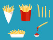 French fries set with tomato sauce. Flat cartoon vector illustration isolated on EPS10.