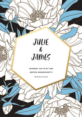 Wall Mural - Vintage Wedding Invite template with floral background of flowers peons, with gold decorated banner. Vector invitation