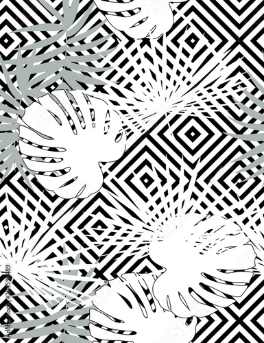 Foto-Lamellenvorhang - Tropical vector floral pattern with palm leaves, jungle leaf. Tropic monochrome background, black and white illustration. (von mariaaverburg)