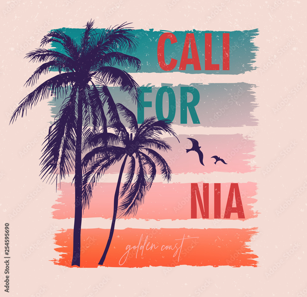 California, golden coast. Colorful poster with palm trees. T-shirt print with inscription, summer design for youth, teenagers. - obrazy, fototapety, plakaty 