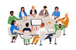 © Good Studio - Office workers sitting at round table and discussing ideas, exchanging information. Work meeting, business negotiation, conference, group discussion. Cartoon vector illustration in flat style.