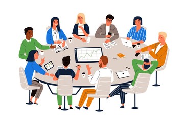 Wall Mural - office workers sitting at round table and discussing ideas, exchanging information. work meeting, bu