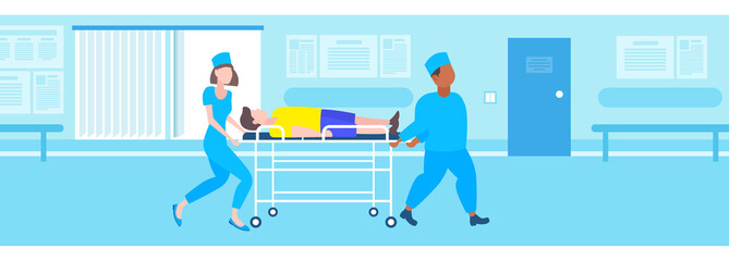 Wall Mural - male female doctors moving patient in hospital bed stretcher medical mix race staff in uniform transporting man to operating room hospital interior flat full length horizontal