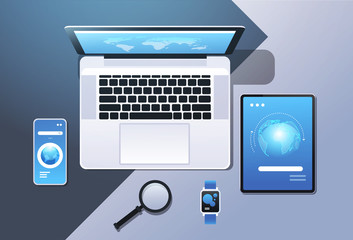 Wall Mural - cloud computing technology network sync concept top angle view desktop laptop smartphone tablet smar