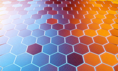 Glowing black blue and orange hexagons background pattern on silver metal surface 3D rendering