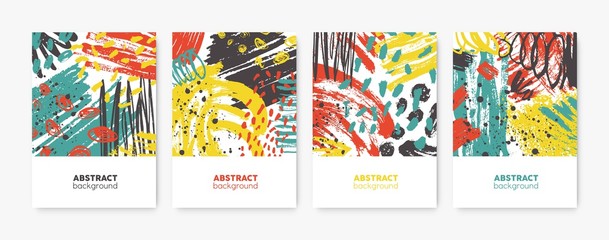 Aufkleber - Collection of decorative card, flyer or poster templates with bright colored abstract stains, blots, brushstrokes, scribble, paint traces. Trendy vector illustration in contemporary art style.