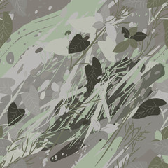 Military camouflage texture with trees, branches, grass and watercolor stains. Vector illustration. Camouflage military background in modern style.