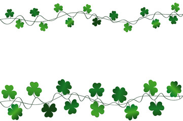 Green festive bunting with clover. Irish holiday - Happy St. Patrick's Day with a garland of three-leaf. Greeting card, poster, banner. Vector