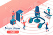 © Nadya_C - Isometric music radio show 3d illustration, modern concert poster, audio blog concept, vector landing page with people singing, microphone, guitar, podcast recording sound studio, living coral color
