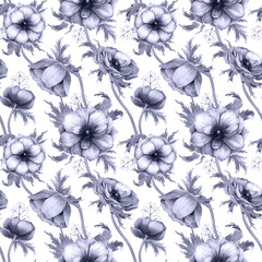  Wzór z akwarela biały Zawilec kwiaty. Wiosna kwiatowy wzór na zaproszenie na ślub