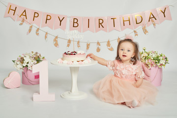 girl with a birthday cake, 1 year old baby photo session