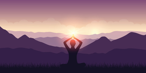 Wall Mural - peaceful meditation in the mountains purple landscape with sunshine vector illustration EPS10