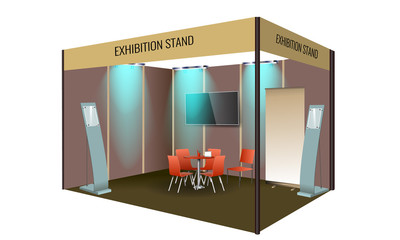 Exhibition stand display design with table and chair, info board. Commercial exhibition Booth template for Corporate identity. Vector illustration.