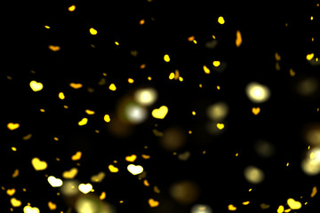 Gold and yellow hearts bokeh overlay, hearts photo overlay, abstract background, shiny gold and yellow hearts flowing around. Photo overlay effect, hearts bokeh on black background, JPG file.