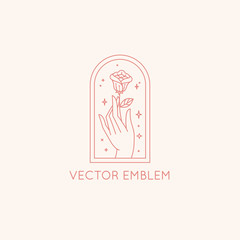 Wall Mural - vector abstract logo design template in trendy linear minimal style - hands with rose and stars