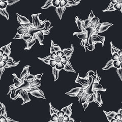 Seamless pattern with hand drawn chalk aquilegia