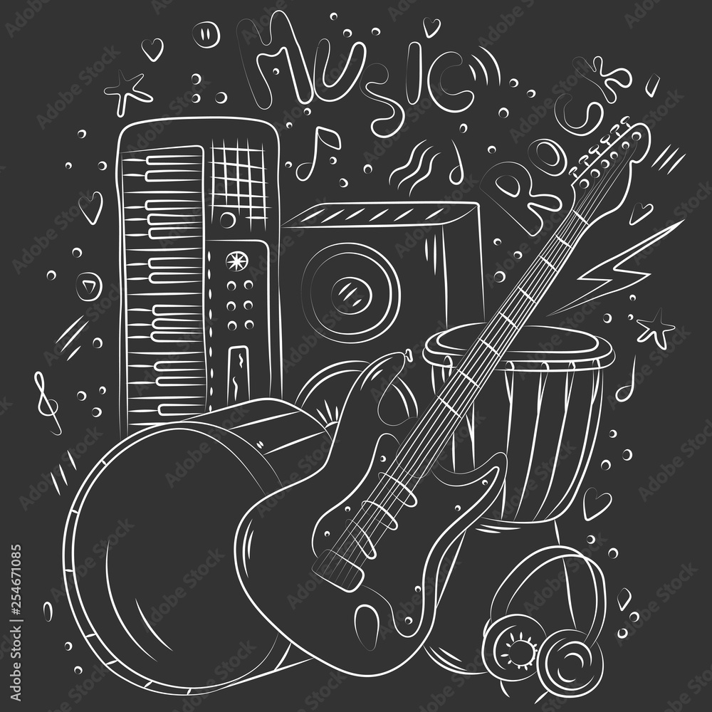 Hand drawn music background. Doodle musical instruments. Retro musical  equipment. Vector illustration. Sketch style. Rock music. Poster or t-shirt  design. Chalk board. Stock Vector | Adobe Stock, image size:1000x1000