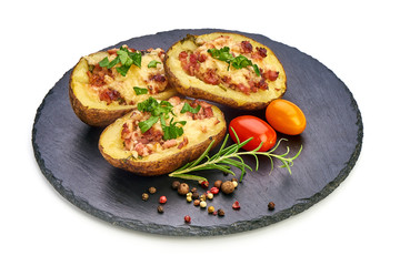 Wall Mural - Baked potatoes stuffed with cheese and bacon, Homemade food, close-up, isolated on white background