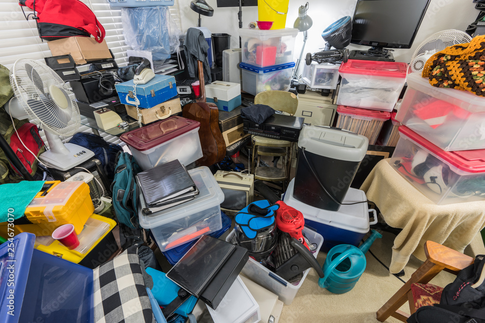 Hoarder room packed with storage boxes, old electronics, files, business equipment and household items. - obrazy, fototapety, plakaty 