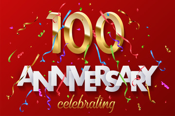 Wall Mural - 100 golden numbers and Anniversary Celebrating text with colorful serpentine and confetti on red background. Vector celebration 100th anniversary event horizontal template.
