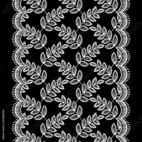 Lace seamless pattern with decortive white leaves and pearls on black background