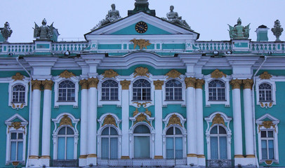 Winter Palace building facade architecture with exterior details, columns and ornaments close up view. Former russian royal palace in St. Petersburg city, detailed decor wallpaper 