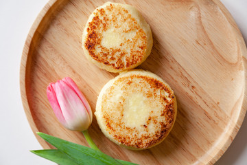 Closeup fresh flower pink tulip on wooden round plate, two golden fried cheesecakes in the shape of a figure 8, dessert made from cottage cheese. Concept tasty and healthy breakfast March 8