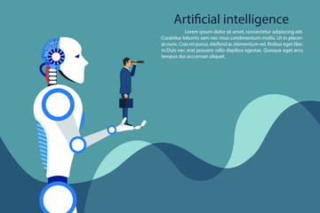 Artificial intelligence robot holding businessman in hand. Future technology symbol, innovation and progress. Vector illustration in flat design.