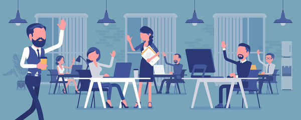 Wall Mural - Solid and high performing team in office. Group of people working together effectively for a common business goal, achieve good results, employees and manager. Vector illustration, faceless characters