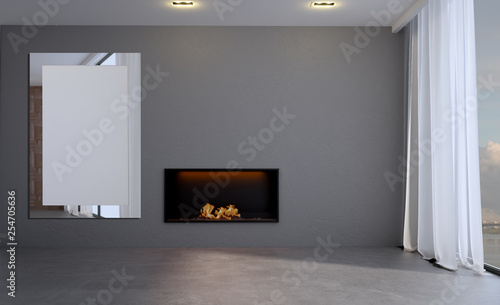 Download Empty Interior With A Fireplace On The Background Of Wooden Walls Large Panoramic Window On The Background Of The City 3d Rendering Blank Paintings Mockup Stock Illustration Adobe Stock