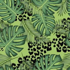 Naklejka na meble Vector seamless pattern with leopard texture and palm exotic leaves