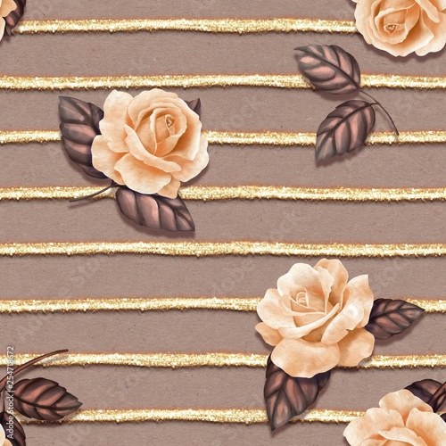 Seamless pattern with roses and glitter stripes. Delicate floral background w...