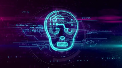 Wall Mural - artificial intelligence with cyber face hologram, symbol on digital background. cybernetic brain abs