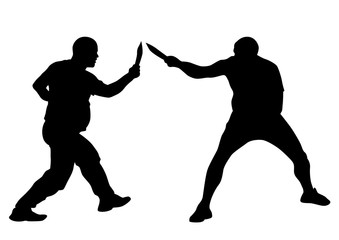 Wall Mural - Man in sport fight with knives on white background