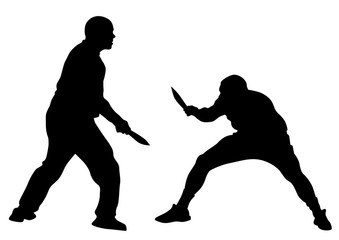 Wall Mural - Man in sport fight with knives on white background