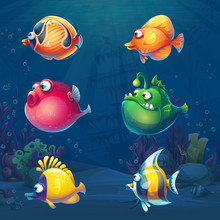 Set Of Cartoon Funny Fish In Underwater World