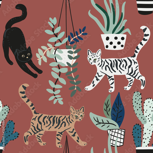 Cotton fabric Cute cats and house plants on the brown background. Vector seamless pattern. Pets and green florals in the pots. Nature print. Digital illustration with animals
