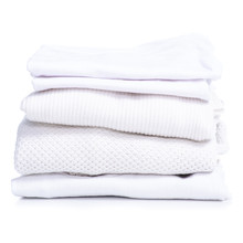 Stack White Clothes T-shirt, Sweater, Jeans On White Background Isolation