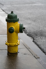Isolated Fire Hydrant Beside A Wet Street