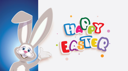 Wall Mural - Cute Easter Bunny next to white signboard with colorful text -Happy Easter- isolated on a blue background