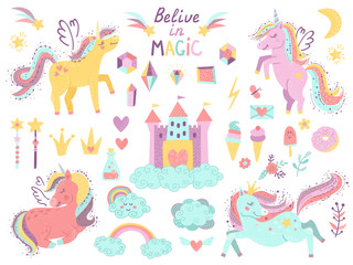 Wall Mural - Set of fantasy unicorns and items