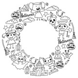 Fototapeta  - Halloween themed doodle set. Traditional and popular symbols - carved pumpkin, party costumes, witches, ghosts, monsters, vampires, skeletons, skulls, candles bats Isolated over white background.