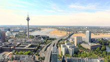 Aerial View Dusseldorf Germany. Flight Over The City