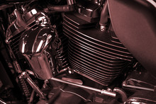 Motorcycle Internal Combustion Engine With Air Cooling, Close-up, Detail, Macro. Engine Parts, Cylinder Head, Ignition, Exhaust Pipe, Air-intake Manifold