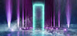 Fototapeta Łazienka - Smoke Sci Fi Futuristic Neon Background Big Huge Dark Empty Grunge Concrete Long Hall Gallery Room Tunnel Corridor Spotlights Blue Ultraviolet Pink Purple Vibrant Glowing 3D Rendering