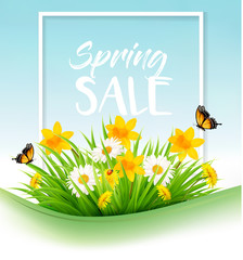 Poster - Spring sale background with grass, flowers and a butterfly. Vector.